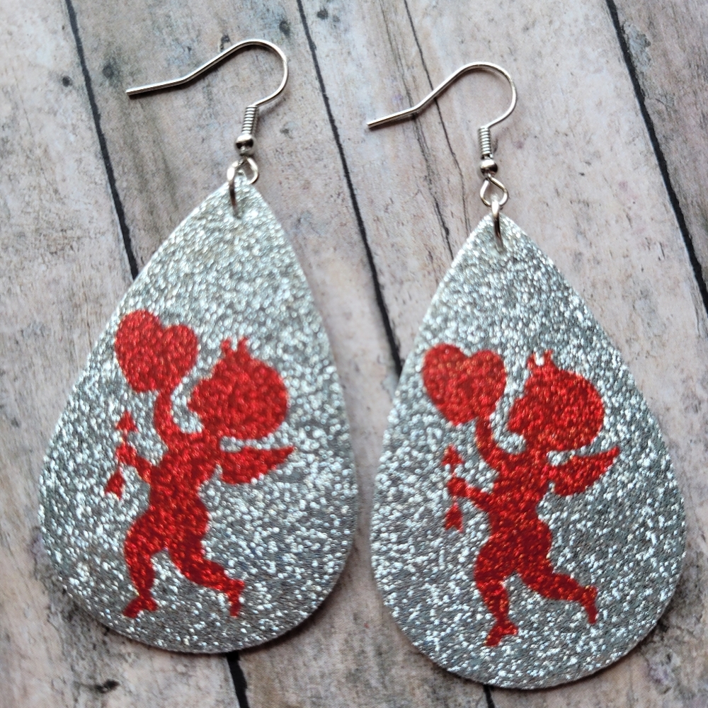 Silver Glitter Cupid Teardrop Earrings